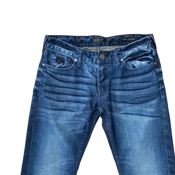 Guess Falcon Slim Boot Jeans Mens 31x30 Dark Wash Low Rise Stretch Blue - Picture 3 of 9